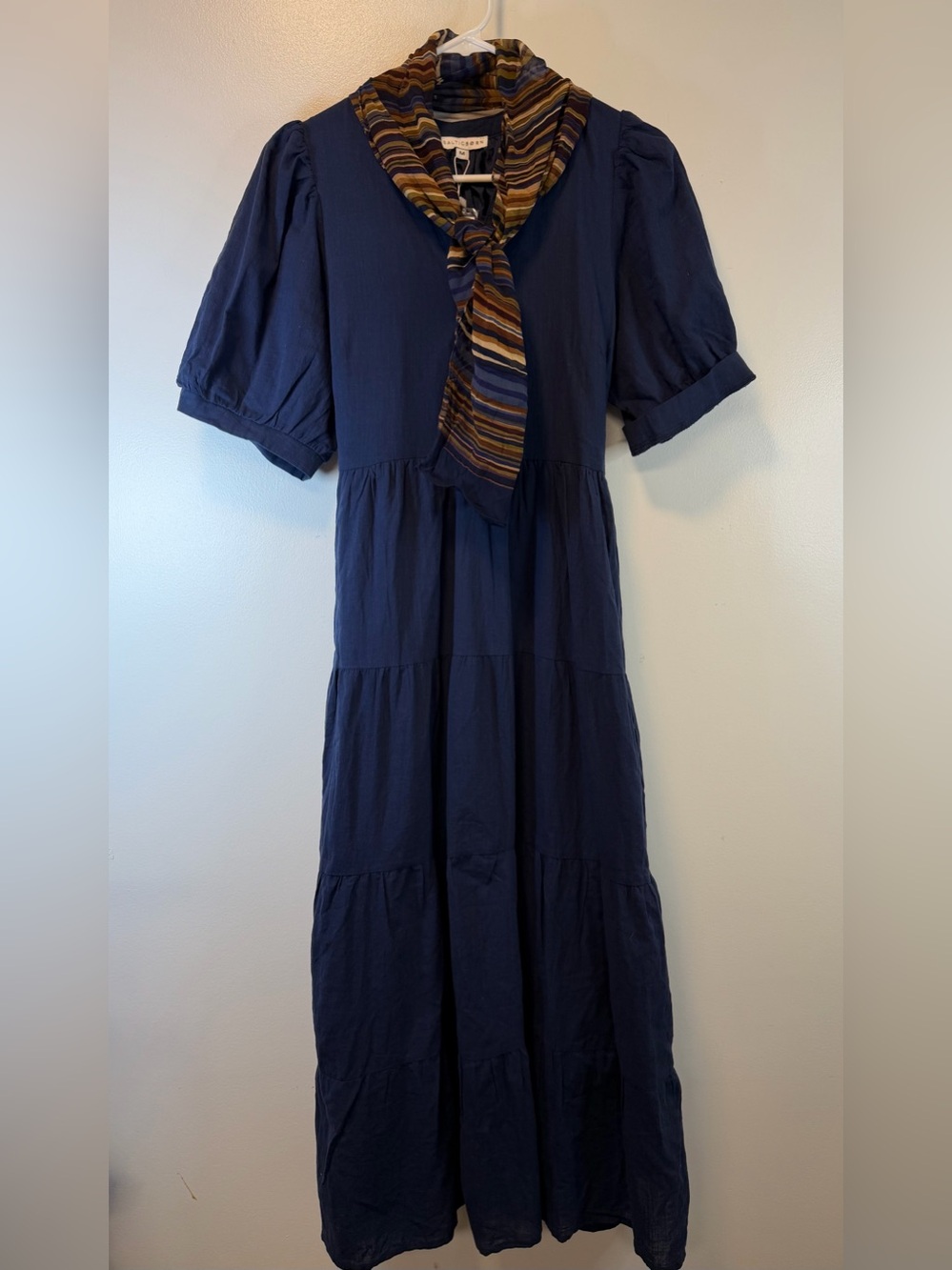Baltic Born Camille Maxi Navy Tiered Dress with Striped Scarf Women’s Medium - Picture 2 of 8